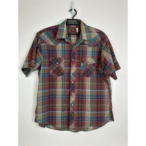 Rustler Western Shirt Mens XL Long Tails Pearl Snap Short Sleeve Work‎ Red Plaid